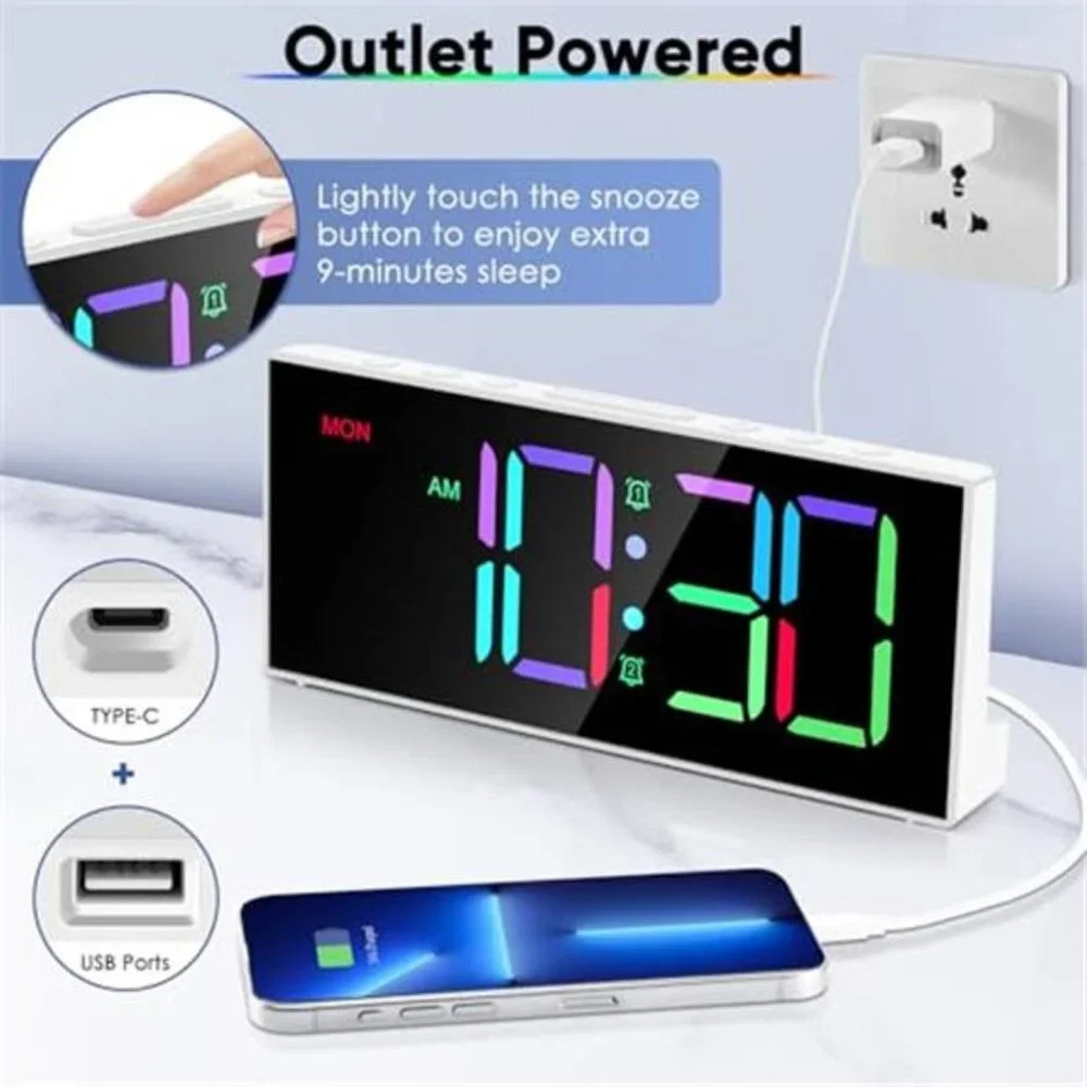 Large Digital Alarm Clock Big Numbers Dual Alarm USB Mirror LED White